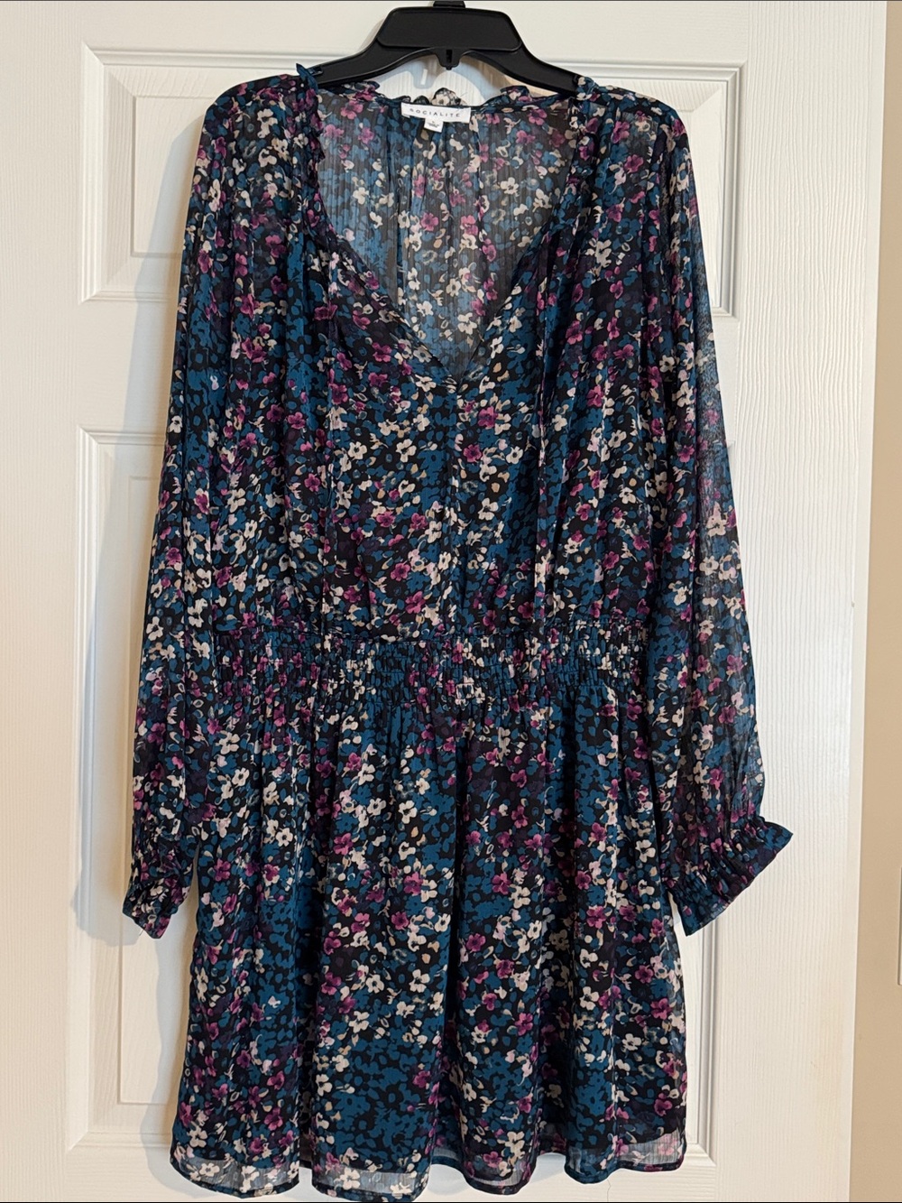 Socialite Teal Floral Long-Sleeve V-Neck Smocked-Waist Dress